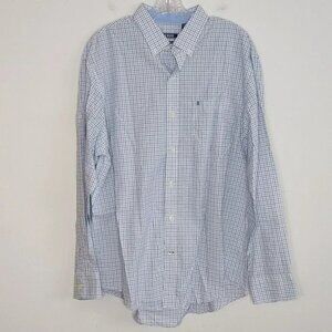 Izod Long Sleeve Plaid Button Down Shirt White Blue Dress Shirt